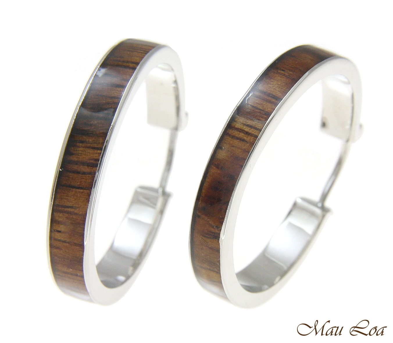 Koa Wood Hawaiian Rhodium Plated Brass 30mm Round Hoop Snap Closure Earrings