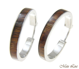 Koa Wood Hawaiian Rhodium Plated Brass 30mm Round Hoop Snap Closure Earrings