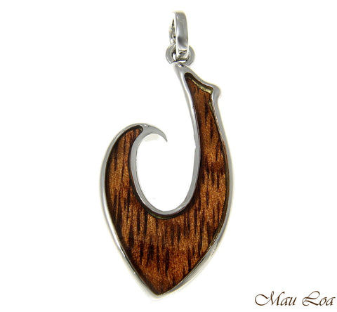 Koa Wood Hawaiian Fish Hook Rhodium Silver Plated Brass Pendant