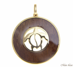 Koa Wood Hawaiian Scroll Circle Honu Turtle Yellow Gold Brass Reversible Pendant