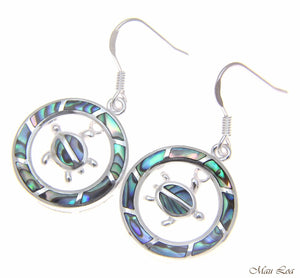 925 Sterling Silver Hawaiian Circle Honu Turtle Abalone Shell Paua Hook Earrings