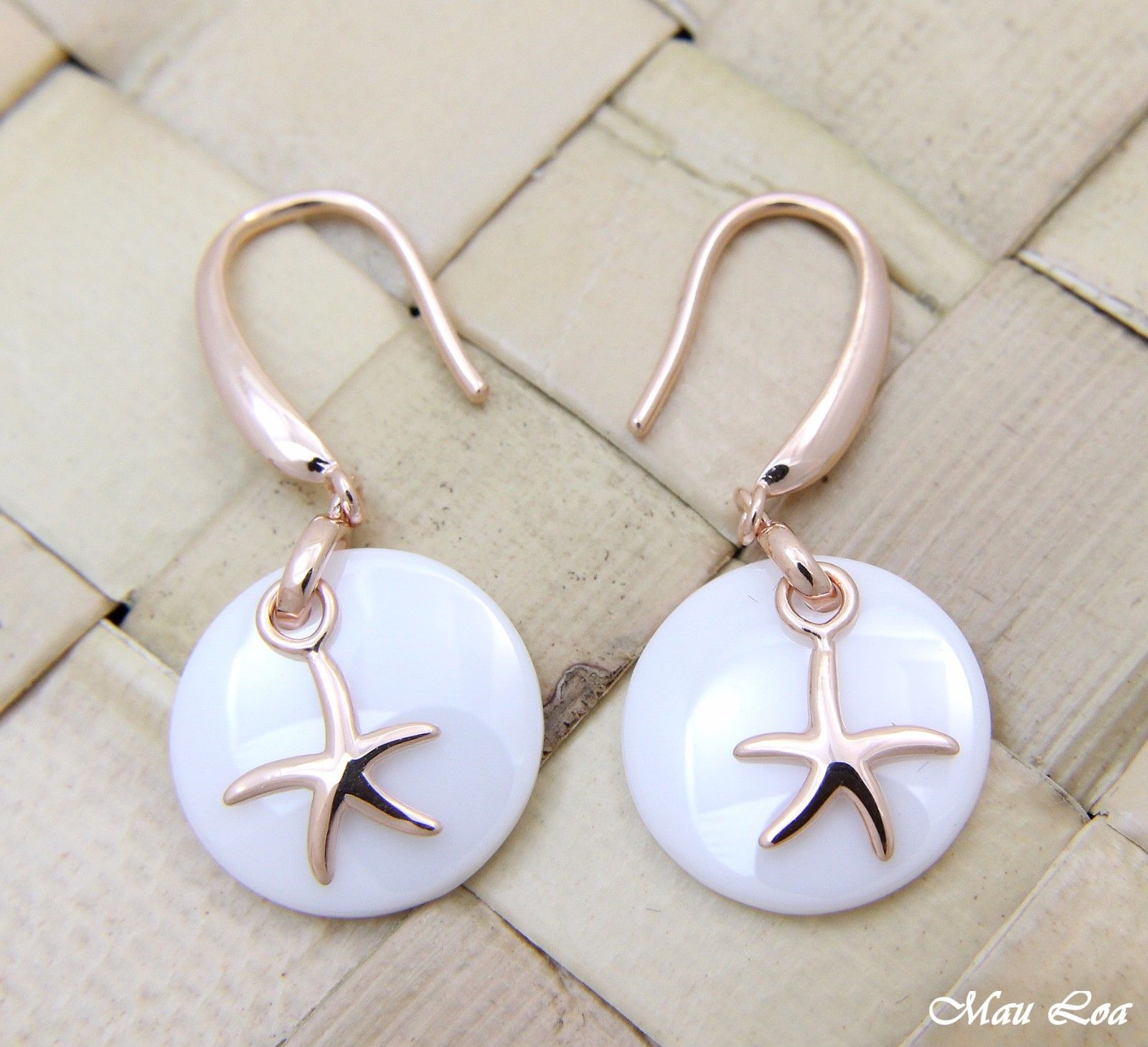 925 Silver Pink Gold Hawaiian Starfish Sea Star White Ceramic Circle Earrings