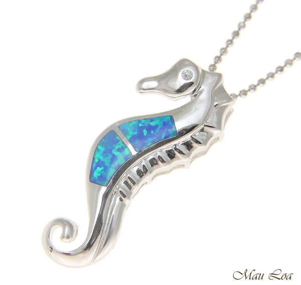 925 Sterling Silver Rhodium Hawaiian Seahorse Blue Opal CZ Slider Pendant