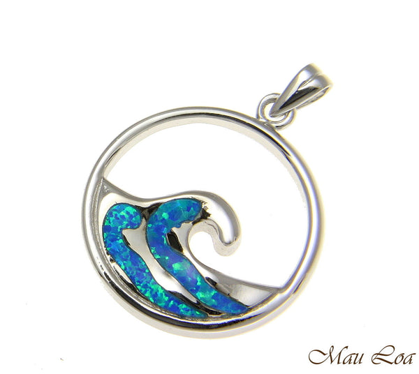 925 Sterling Silver Rhodium Hawaiian 23mm Ocean Wave Blue Opal Pendant Charm