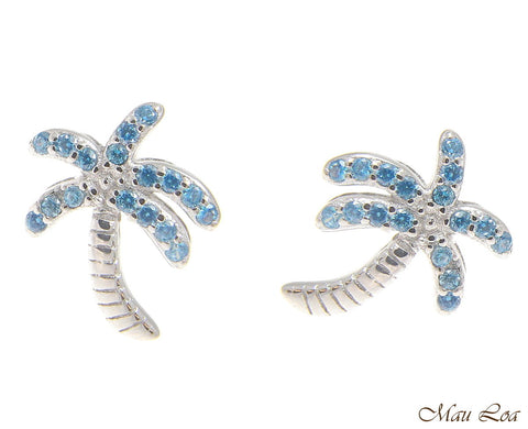 925 Sterling Silver Blue Topaz Hawaiian Palm Tree Post Stud Earrings