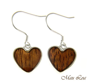 Koa Wood Hawaiian Heart Rhodium Silver Plated Brass Hook Wire Earrings
