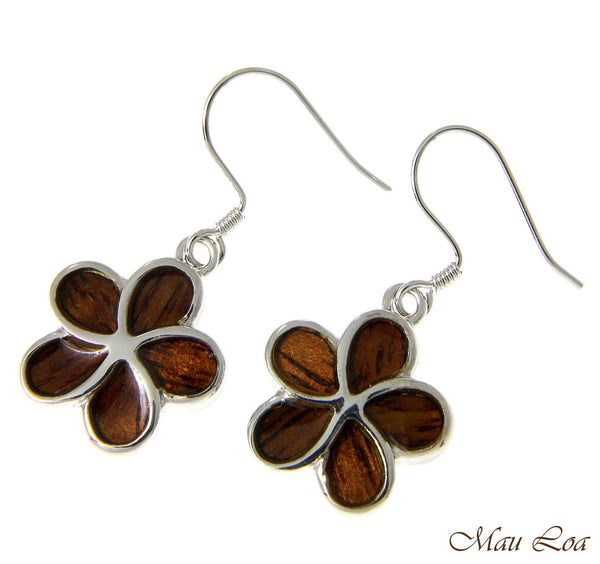 Koa Wood Hawaiian Plumeria Flower Rhodium Silver Plated Brass Hook Wire Earrings