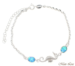 925 Sterling Silver Rhodium Hawaiian Seahorse Blue Opal Link Chain Anklet 9"+
