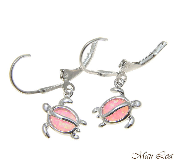 925 Sterling Silver Rhodium Hawaiian Honu Turtle Pink Opal Leverback Earrings