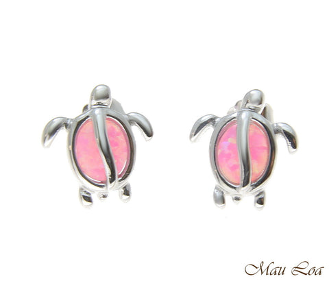 925 Sterling Silver Rhodium Hawaiian Honu Turtle Pink Opal Post Stud Earrings