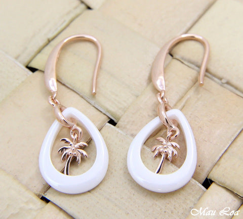 925 Silver Pink Rose Gold Hawaiian Palm Tree White Ceramic Tear Drop Earrings