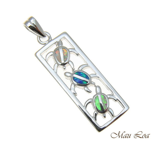 925 Sterling Silver Rhodium Hawaiian Multi Opal Vertical Honu Sea Turtle Pendant