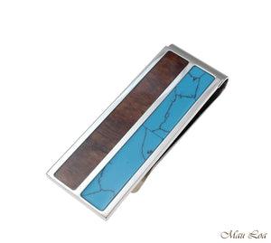 Stainless Steel Genuine Hawaiian Koa Wood Turquoise 20mm Money Clip Cash Holder