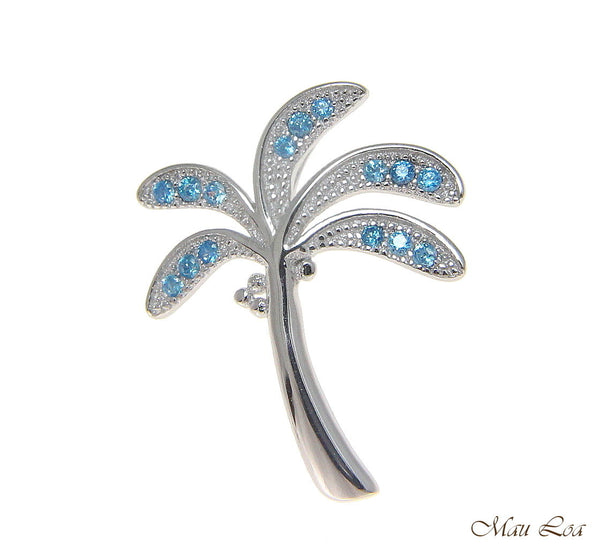 925 Sterling Silver Genuine Blue Topaz Hawaiian Palm Tree Slider Pendant