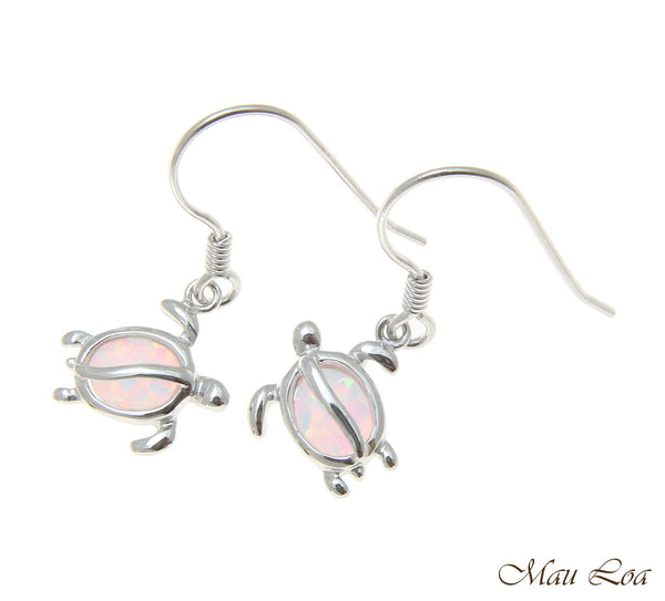 925 Sterling Silver Rhodium Hawaiian Honu Turtle White Opal Hook Wire Earrings