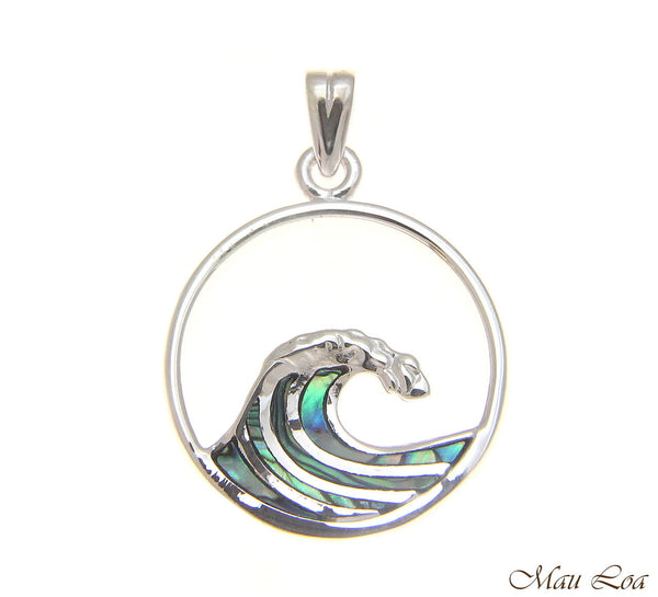 925 Sterling Silver Hawaiian Ocean Wave 20mm Circle Abalone Paua Shell Pendant