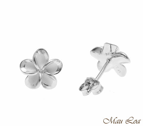 925 Silver Rhodium Hawaiian Plumeria Flower No CZ Stone Post Stud Earrings
