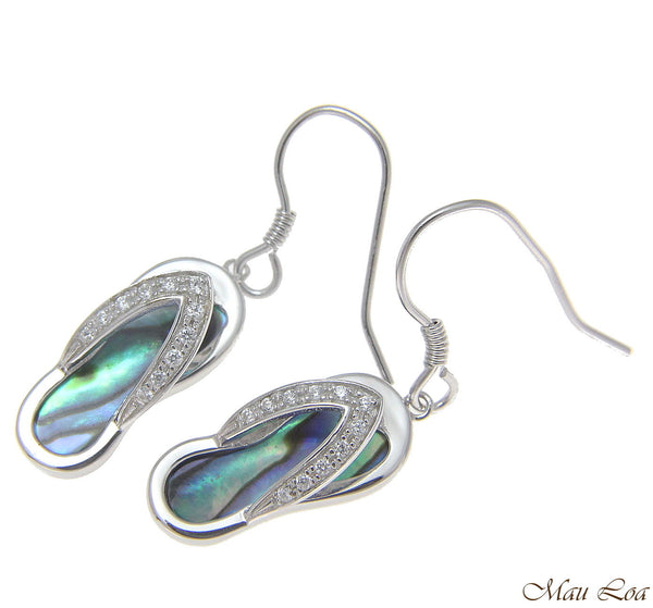 925 Sterling Silver Hawaiian CZ Slipper Abalone Shell Paua Wire Hook Earrings