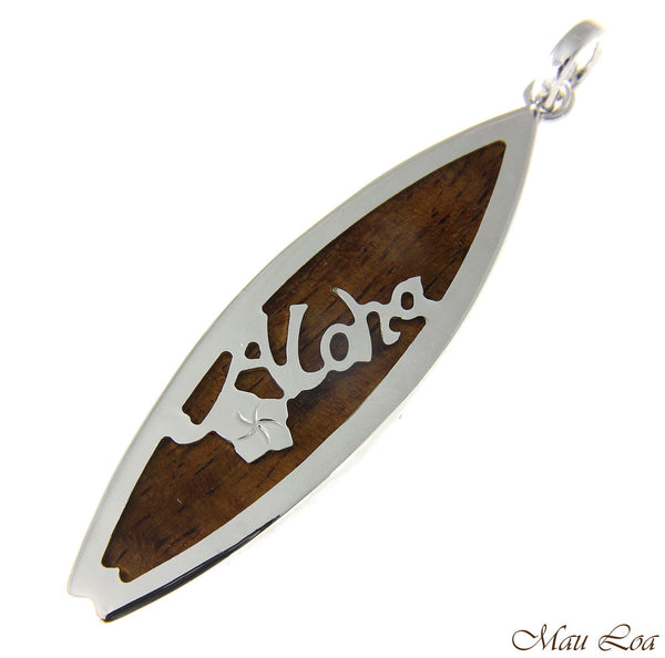 Koa Wood Hawaiian Scroll Aloha Plumeria Surfboard Rhodium Silver Brass Pendant