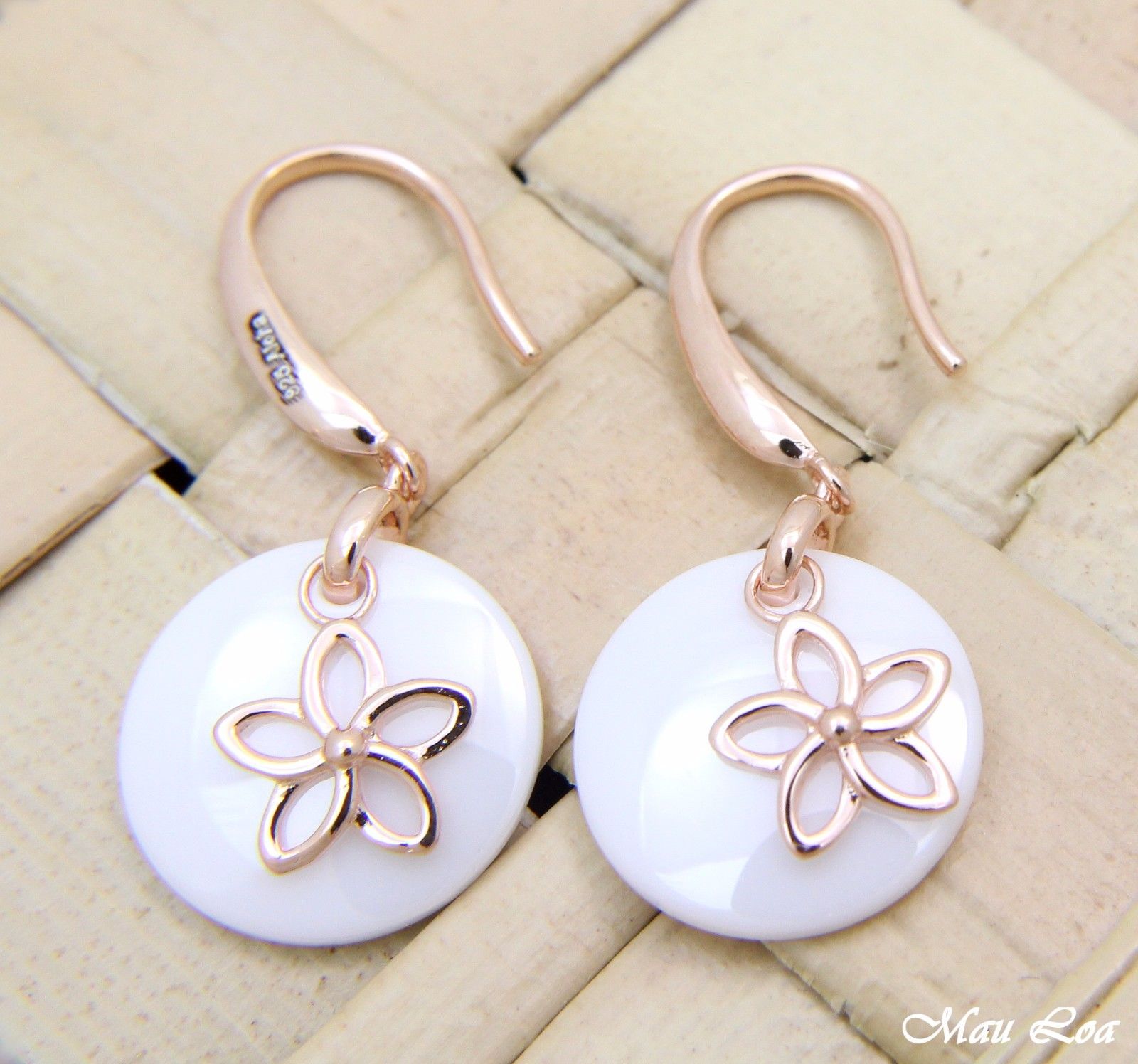 925 Silver Pink Rose Gold Hawaiian Plumeria Flower White Ceramic Circle Earrings