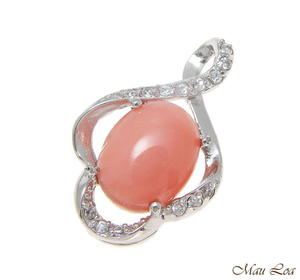 925 Sterling Silver Rhodium CZ Genuine Natural Oval 7x9mm Pink Coral Pendant