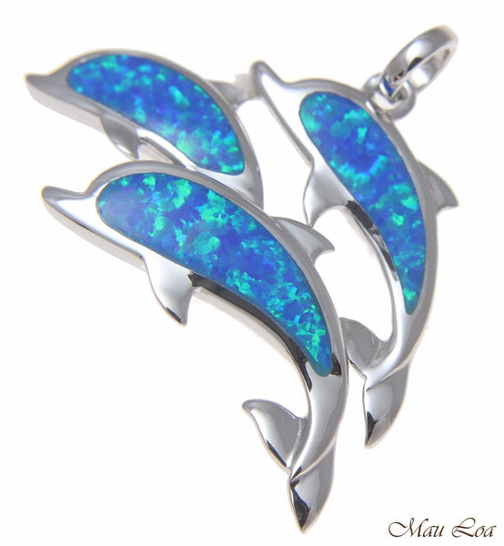 925 Sterling Silver Rhodium Hawaiian Triple 3 Dolphin Blue Opal Pendant Charm