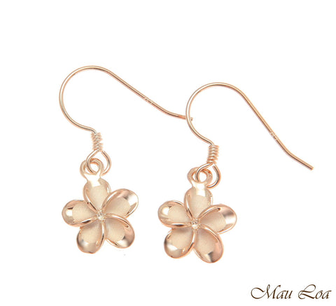 925 Silver Pink Gold Hawaiian Plumeria Flower No CZ Stone Wire Hook Earrings