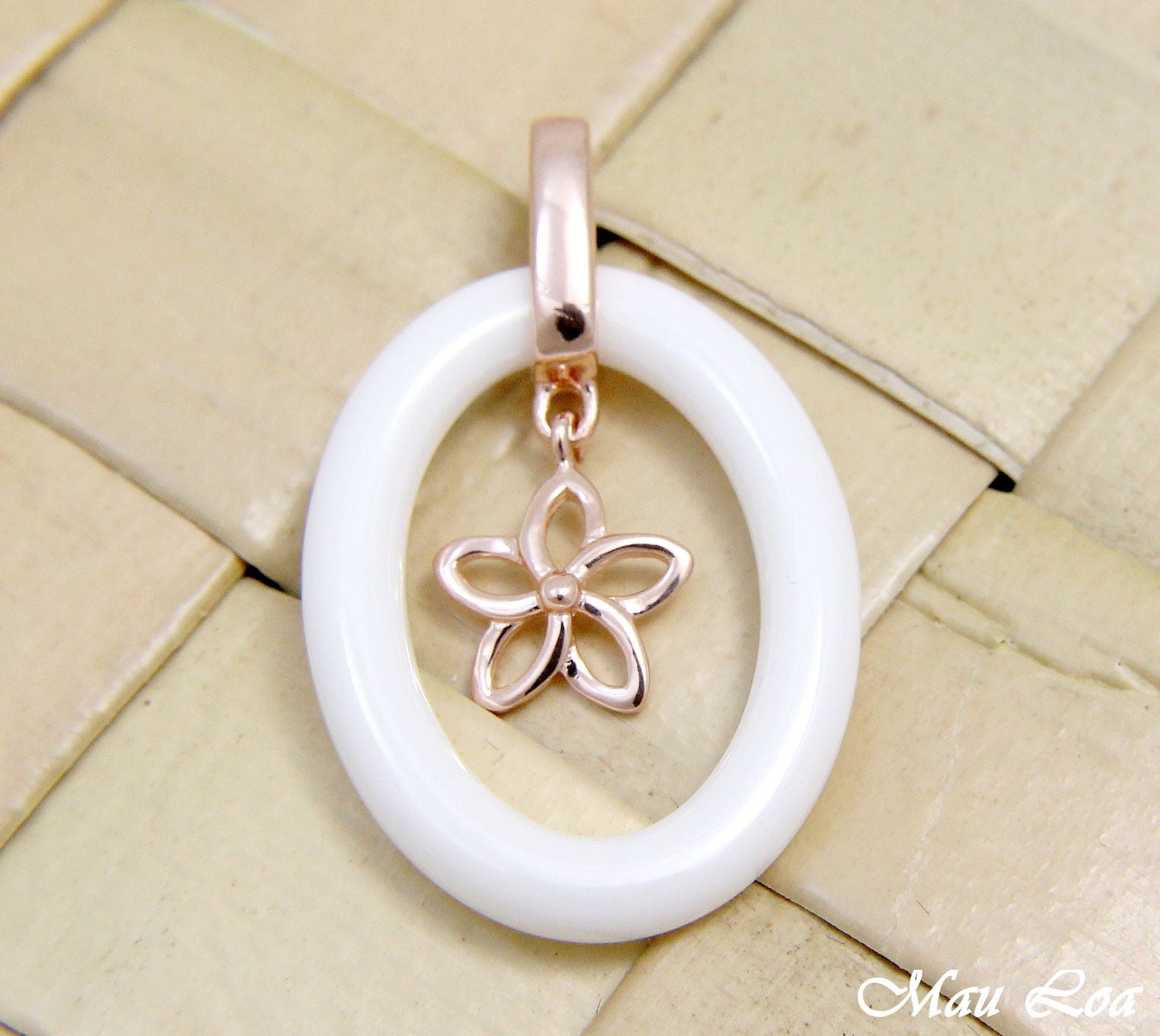 925 Silver Pink Rose Gold Hawaiian Plumeria Flower White Ceramic Oval Pendant