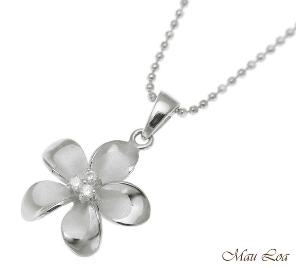 925 Sterling Silver Hawaiian Plumeria Flower 3 CZ Rhodium Pendant Charm 12-30mm