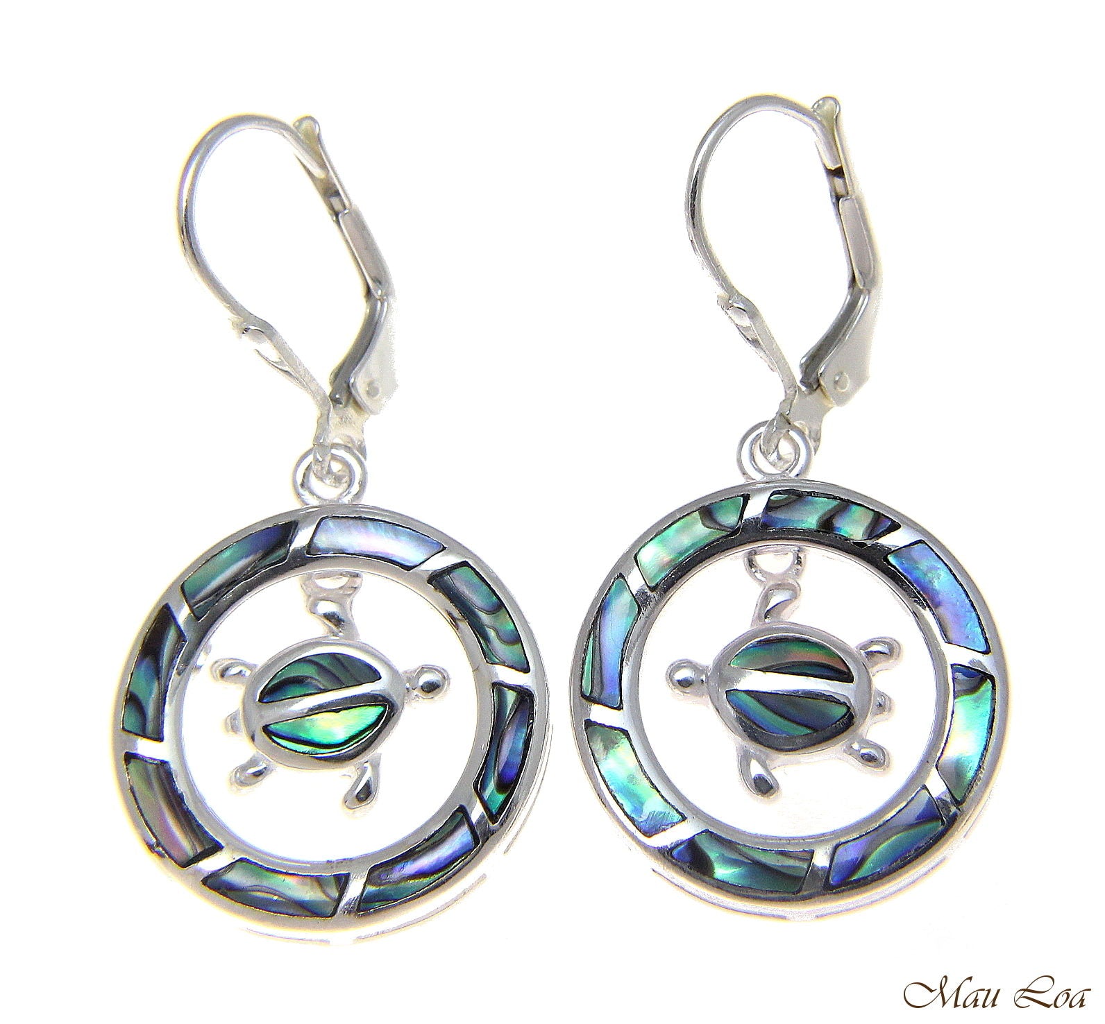 925 Silver Hawaiian Circle Honu Sea Turtle Abalone Shell Paua Leverback Earrings
