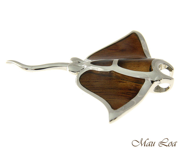 Koa Wood Hawaiian Manta Ray Fish Rhodium Silver Plated Brass Slide Pendant