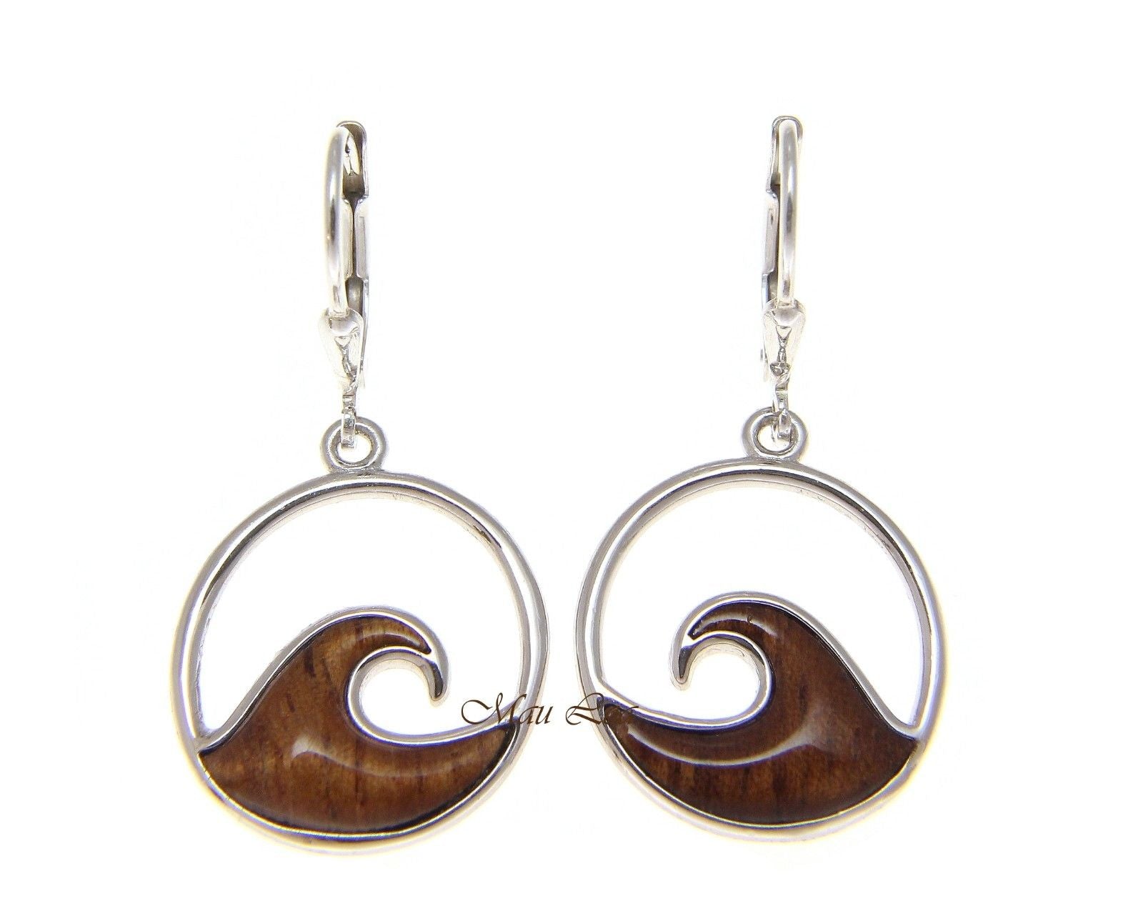 925 Sterling Silver Hawaiian Koa Wood 17.5mm Ocean Wave Lever Back Earrings