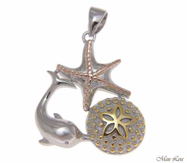 925 Silver Tricolor Hawaiian Sealife Dolphin Sand Dollar Starfish Pendant