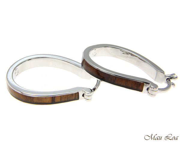 Koa Wood Hawaiian Rhodium Plated Brass 20x26mm Oval Hoop Snap Closure Earrings