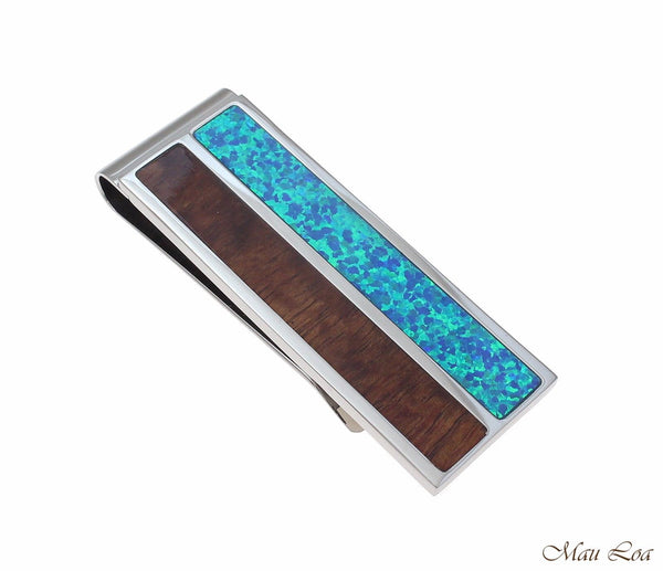 Stainless Steel Genuine Hawaiian Koa Wood Blue Opal 20mm Money Clip Cash Holder