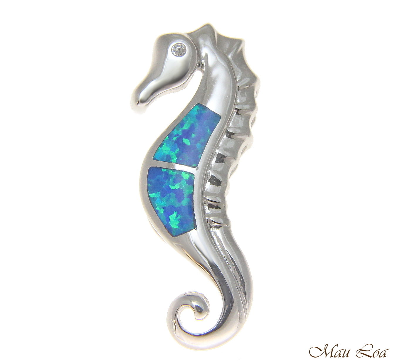 925 Sterling Silver Rhodium Hawaiian Seahorse Blue Opal CZ Slider Pendant