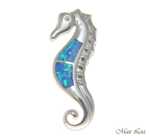 925 Sterling Silver Rhodium Hawaiian Seahorse Blue Opal CZ Slider Pendant