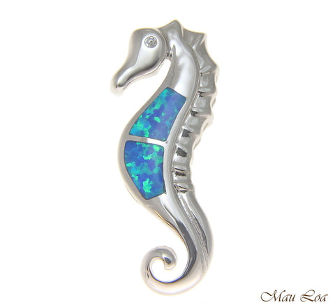 925 Sterling Silver Rhodium Hawaiian Seahorse Blue Opal CZ Slider Pendant