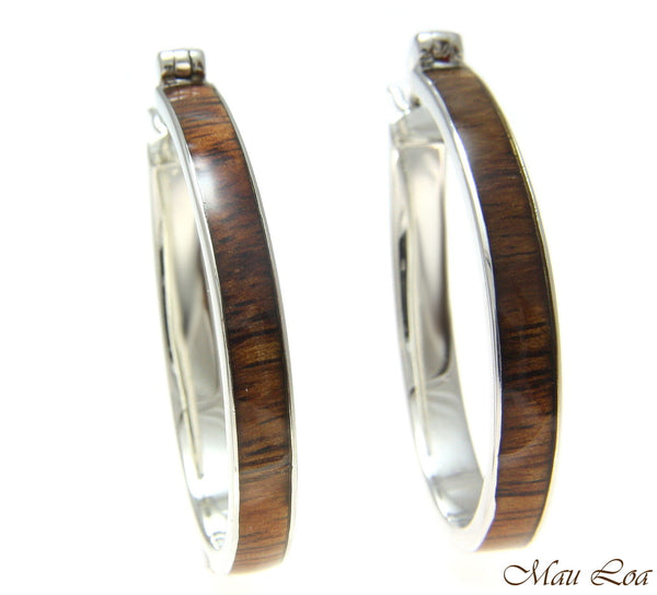 Koa Wood Hawaiian Rhodium Plated Brass 32x41mm Oval Hoop Snap Closure Earrings