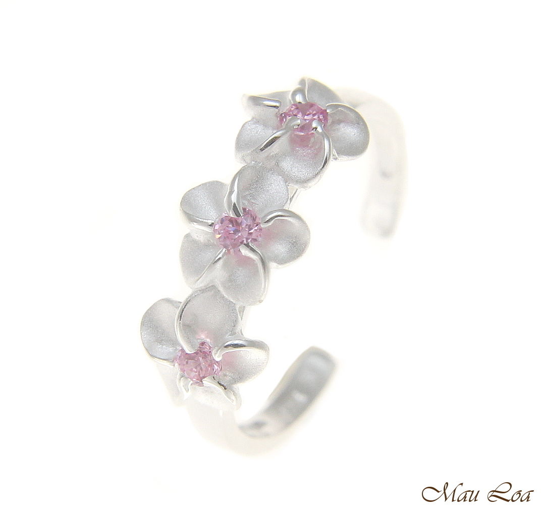 925 Sterling Silver Hawaiian Triple Plumeria Flower Pink CZ Open Toe Ring