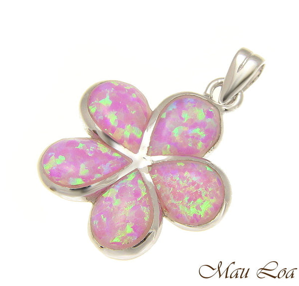 925 Sterling Silver Rhodium Pink Opal Hawaiian Plumeria Flower Pendant 12-30mm