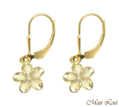 925 Silver Yellow Gold Hawaiian Plumeria Flower No CZ Stone Leverback Earrings