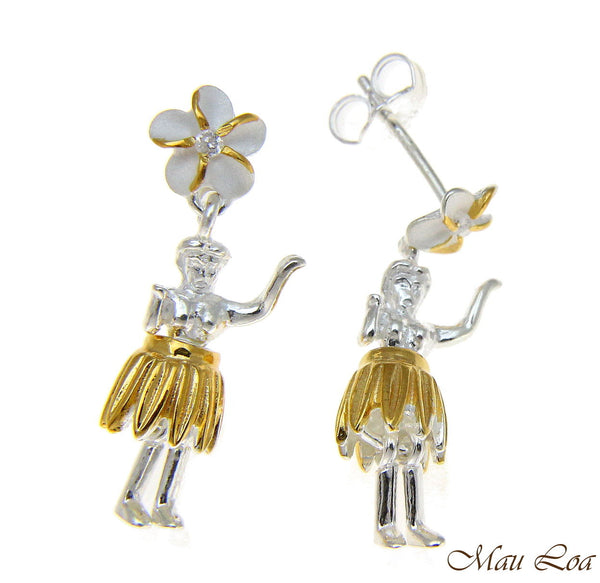 925 Silver Hawaiian Hula Girl Plumeria Flower 2T Yellow Gold Post Stud Earrings