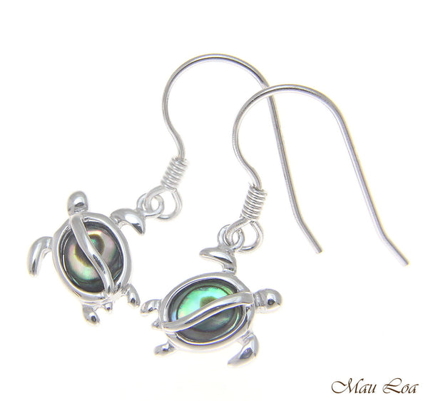 925 Sterling Silver Hawaiian Honu Sea Turtle Abalone Shell Paua Hook Earrings