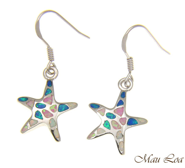 925 Silver Rhodium Hawaiian Starfish Sea Star Multi Opal Hook Wire Earrings