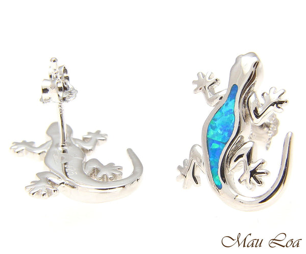 925 Sterling Silver Rhodium Hawaiian Gecko Lizard Blue Opal Post Stud Earrings