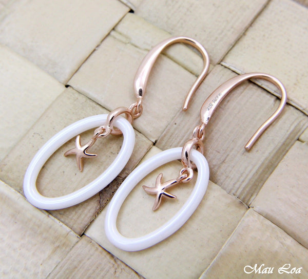 925 Silver Pink Rose Gold Hawaiian Starfish Sea Star White Ceramic Oval Earrings