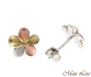 925 Silver Hawaiian Tricolor Plumeria Flower Post Earrings No CZ Stone 8-18mm