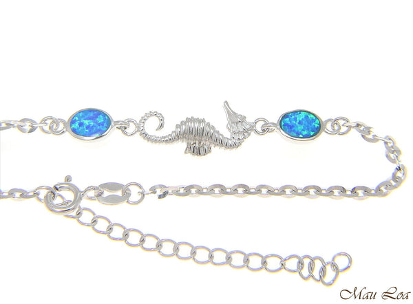 925 Sterling Silver Rhodium Hawaiian Seahorse Blue Opal Link Chain Anklet 9"+