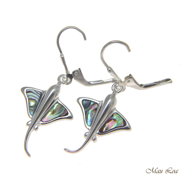 925 Sterling Silver Hawaiian Stingray Fish Abalone Shell Paua Leverback Earrings